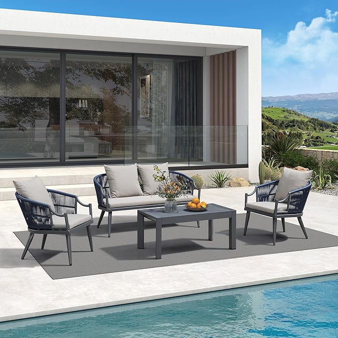 PURPLE LEAF 4-Pieces Wicker Patio Conversation Set Outdoor Rattan Sofa Patio Furniture Set with High-Density Cushions and Aluminum Coffee Table for Backyard Porch Poolside, Dark Grey