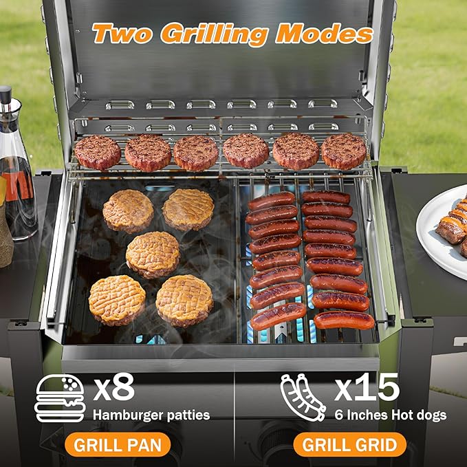 2 Burner BBQ Propane Gas Grill, Stainless Steel 16,000 BTU Patio Garden Barbecue Grill with Two Foldable Shelves, Gas Grill with Grates and Griddle Pan for Outdoor Cooking and BBQ