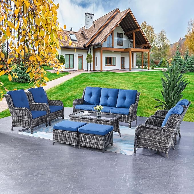 Rilyson Wicker Patio Furniture Chairs Set - 8 Piece Rattan Outdoor Patio Sectional Conversation Sets with Sofa,Armrest Chairs,Coffee Table and Ottomans for Porch Deck Garden(Mixed Grey/Blue)
