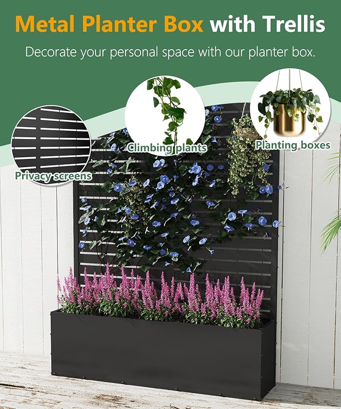 2PCS Metal Planter Box with Trellis,70.9"x47.2"x15.7" Raised Garden Bed with Drainage Holes, Privacy Planters for Outdoor, Garden Bed for Climbing Plants,Vegetables,and Vines, Black-louvered