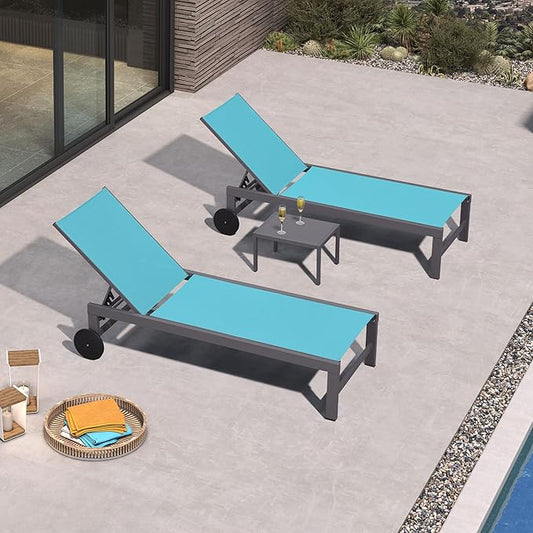PURPLE LEAF Outdoor Lounge Chair Set for 2 Patio Chaise Lounger with Aluminum Frame and Wheels All-Weather Pool Lounge Chairs for Outside Garden Yard Poolside Table Included, Blue