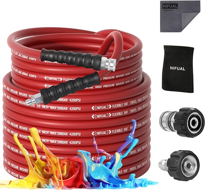 3/8" Super Wear Resistant Pressure Washer Hose 150 FT,Kink Resistant Power Washer Replacement Hose Steel Wire Braided for Hot and Cold Water, with M22 14mm to 3/8" Swivel Quick Connect, 4200 PSI