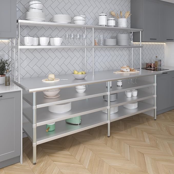 Amgood 30" x 96" Stainless Steel Work Table with 3 Shelves and 12" Wide Double Tier Overshelf | Metal Kitchen Prep Table & Shelving Combo | NSF