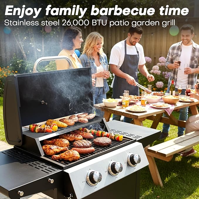 3 Burner Propane Gas Grill, 26,000 BTU Stainless Steel BBQ Grill with Foldable Shelves, Thermometer, Wheels, Ideal for Patio, Backyard, Outdoor Cooking, Barbeque
