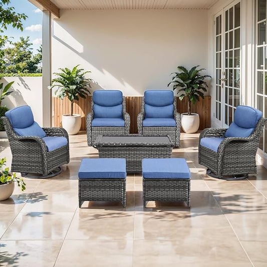 Outdoor Swivel Rocker Patio Chairs Set of 4 with Ottoman Coffee Table - 5" Thick Cushion 7 Piece Furniture Set All Weather Comfortable Wicker Conversation Set for Porch Deck - Gray/Blue