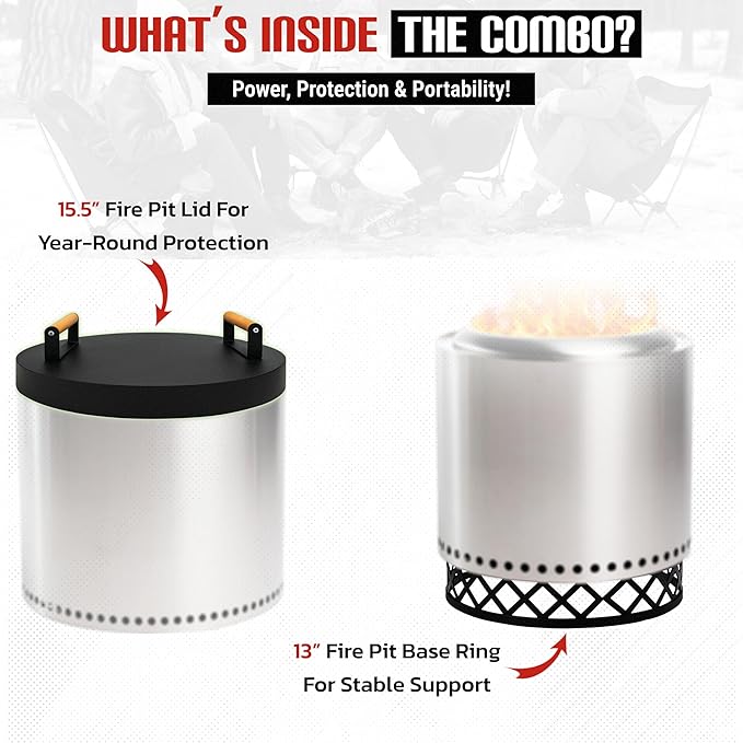 FEBTECH - Smokeless Fire Pit Accessories Combo - Heavy Duty Carbon Steel 15" Firepit Base Ring,15.5" Lid with 2 Wooden Handles - Fireplace Tools Kit for Camping, Patio, Bonfire Use