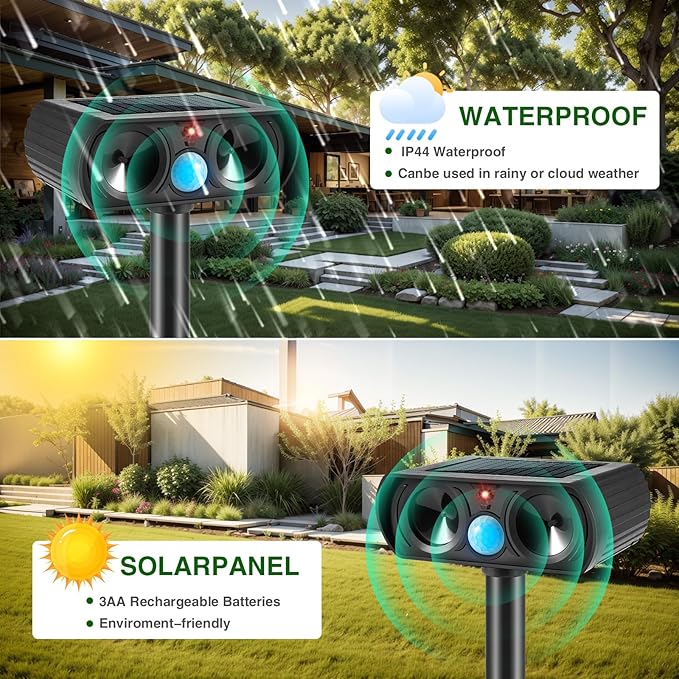 2025 Deer Repellent Device Ultrasonic Animal Repellent Outdoor Solar Animal Repeller with Motion Detection Waterproof Cat Deterrent Outdoor to Scare Rabbit Squirrel Skunk Fox Raccoon(2PACK)