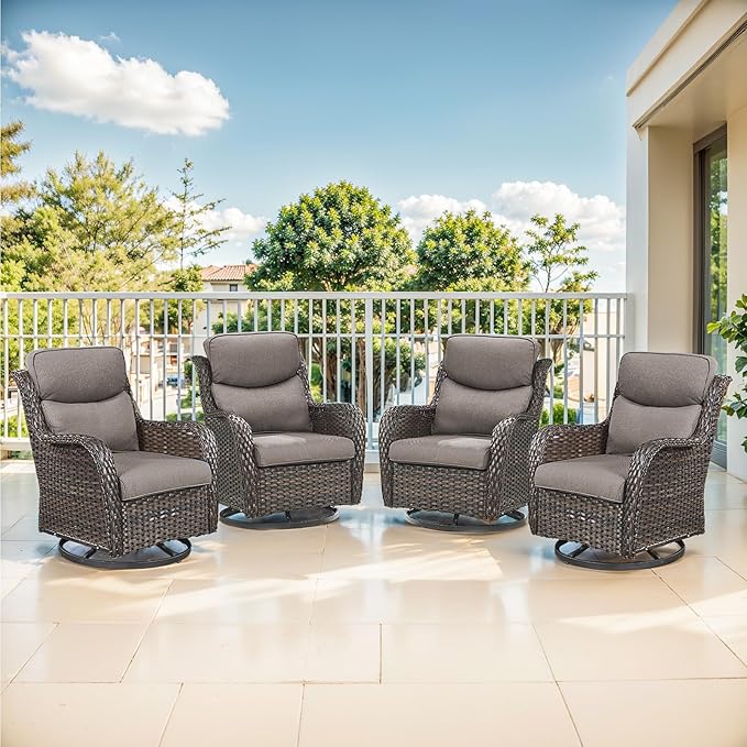 Outdoor Swivel Rocker Patio Chairs Set of 4-5" Thick Cushion 4 Piece Furniture Set All Weather Comfortable Wicker Conversation Set for Porch Poolside and Deck - Brown/Gray