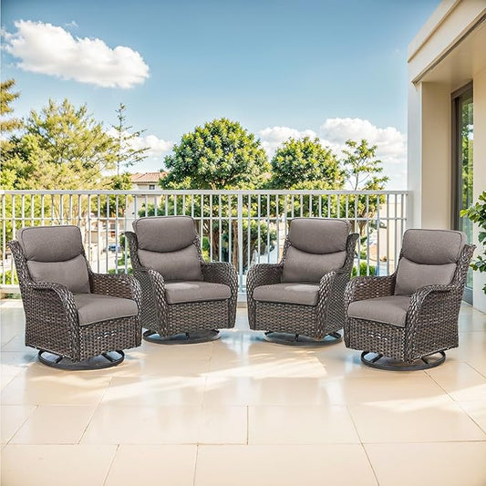 Outdoor Swivel Rocker Patio Chairs Set of 4-5" Thick Cushion 4 Piece Furniture Set All Weather Comfortable Wicker Conversation Set for Porch Poolside and Deck - Brown/Gray