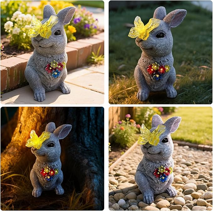 Charming Bunny Garden Statue with Solar Light - Rabbit Figurine Featuring Glowing Flowers & Butterfly - Rustic Outdoor Decor for Spring Patio & Yard - Christmas Birthday Gifts for Grandma Mom Women