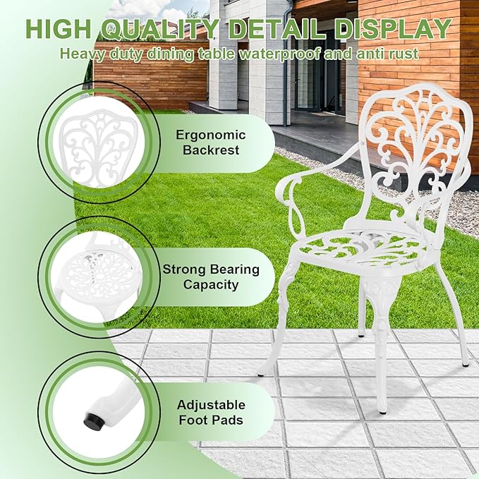 3 Piece Bistro Table Set,Outdoor Cast Aluminum Bistro Patio Table and Chair Set with 1.97" Umbrella Hole,All Weather Outdoor Dining Set for Garde,Porch,Balcony(White)