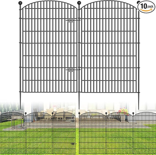 10 Panels No Dig Decorative Garden Fence with Gate - 48 in (H) x 26 ft (L), Dog Fence Outdoor for Yard, Rustproof Metal Animal Barrier Ground Stakes Fencing for Garden, Patio, Flower Bed