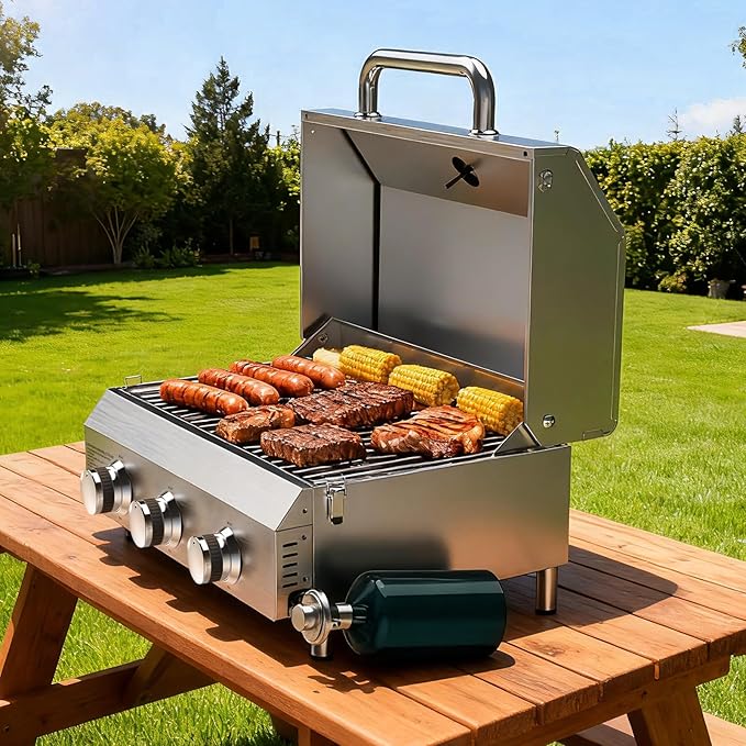 Llamaviva 3 Burner Gas BBQ Grill with Dual Fuel Adapter,22500 BTU Stainless Steel Tabletop Portable Grill for Outdoor Barbecue Camping Cooking RV