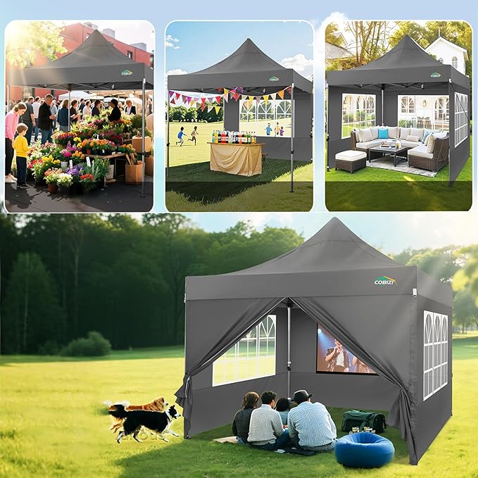 COBIZI 10x10 Heavy Duty Pop up Canopy Tent with 4 Sidewalls, Easy Set-up Commercial Outdoor Party Tent, 100% Waterproof Wedding Canopy Gazebo, 3 Height Adjustable with Wheeled Bag, Gray