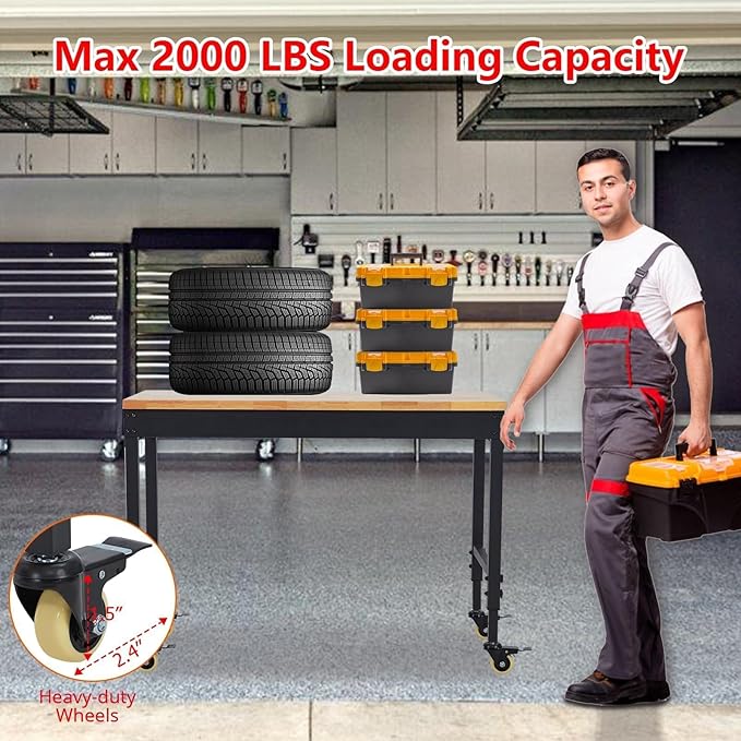 72"x25" Garage Workbench - 2000LB Capacity Work Bench with Rubberwood Top, Locking Wheels & Power Outlets, 27.8"-39.5" Height, Heavy-Duty Adjustable Workbench for Workshop/Home DIY