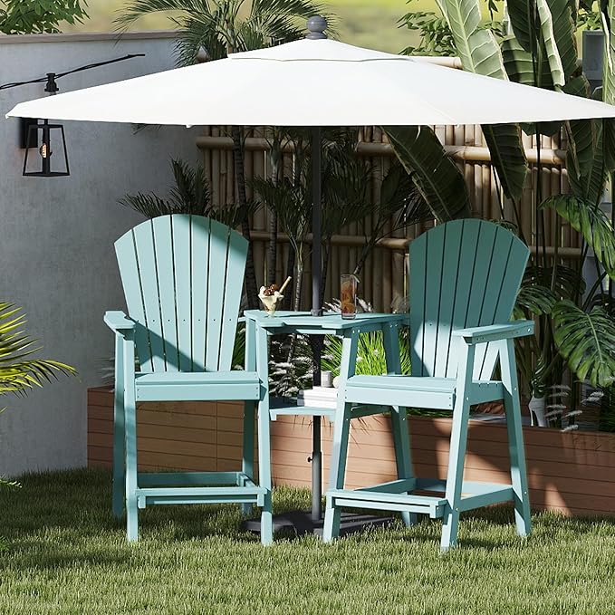 FOOWIN Tall Adirondack Chair Set of 4, All Weather HDPE Bar Height Adirondack Chair with Double Connecting Trays, Adirondack Barstools for Balcony, Deck, Backyard, Patio, Garden Aruban Blue