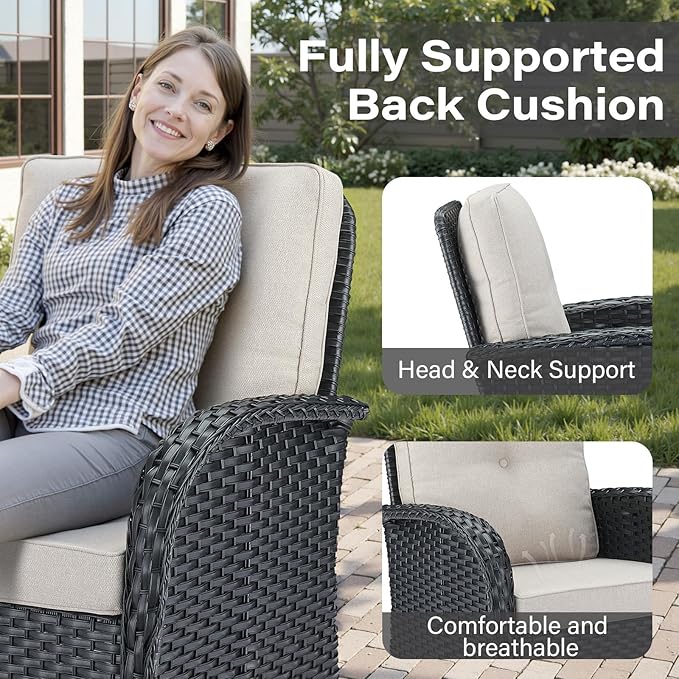 Belord 5 Piece Outdoor Patio Furniture Set with 50000 BTU Propane Fire Pit Table, Deep Seating Wicker Swivel Rocker Chairs and Loveseat Glider Patio Conversation Set for Poolside Deck Backyard Black