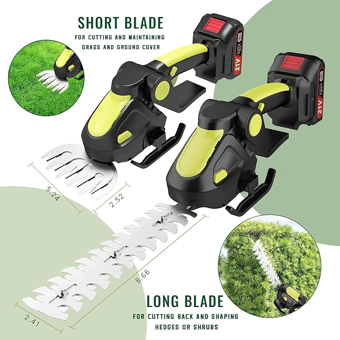 Hedge Trimmer Cordless, 2-in-1 Handheld Electric Glass Shear Cutter with 2.0Ah Rechargeable Battery, Mini Grass Shrub Trimmer for Garden, Pruning Yard and Lawn (Green)