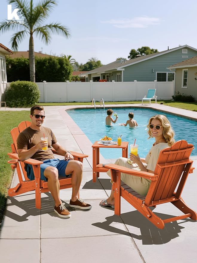 KINGYES Adjustable Folding Adirondack Chair, 3-Position Reclining Adirondack Chairs with Cup Holder, HDPE All-Weather Oversized Adirondack for Outdoor, Patio, Backyard Deck, Fire Pit, Orange