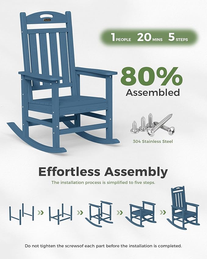 Oversized Outdoor Rocking Chair Set of 2, High Back Porch Rocker Chair, HDPE All Weather Resistant Rocking Chairs for Patio, 380lbs Weight Capacity, Navy Blue