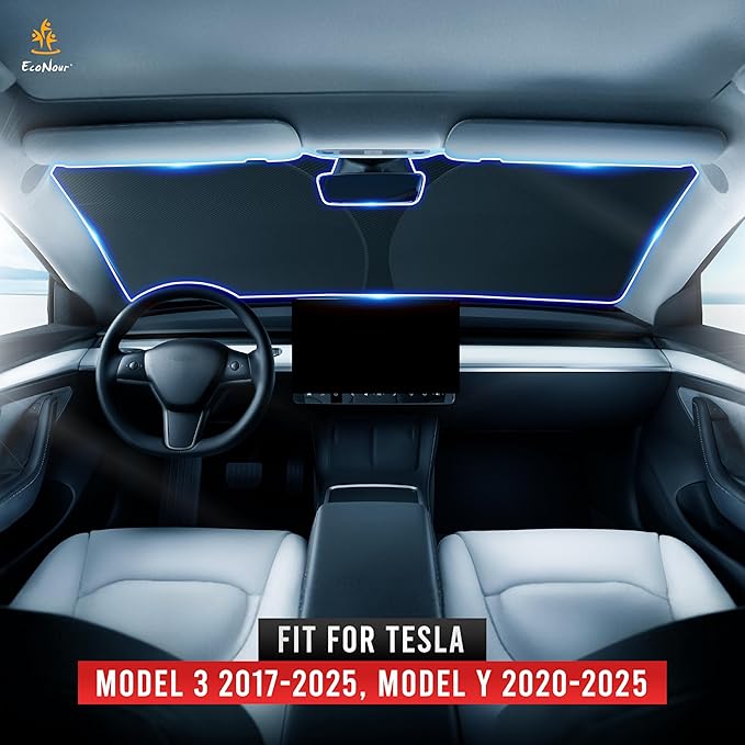 EcoNour Windshield Sun Shade for Tesla Model 3/Y 2017-2026(Fit Model Y Juniper 2025-2026/Model 3 Highland 2024)Upgraded Foldable Sunshade, Window Sun Visor Protector, Blocks UV Rays Keep Your Car Cool