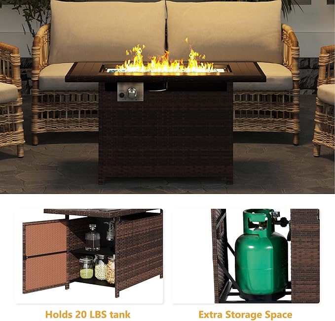Aoxun 44" Propane Fire Pit 50,000 BTU Outdoor Wicker Fire Table with Wood-grainTabletop Patio Rectangular 2-in-1 Gas Fire Pit Table with Firepit Lid and Waterproof Cover
