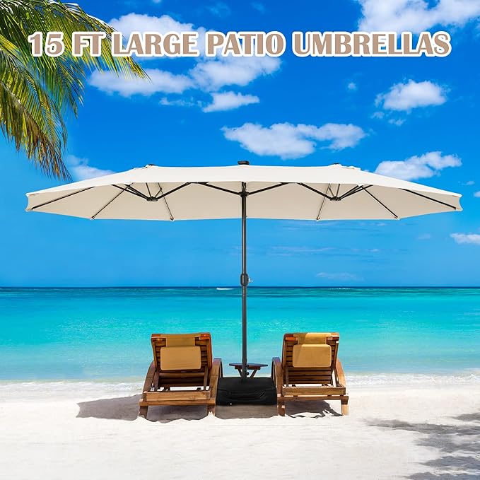 Sundale Outdoor Solar 144 LED 15 ft Patio Umbrella with Sandbag Base Included and Cover, Outdoor Double-Sided Umbrella