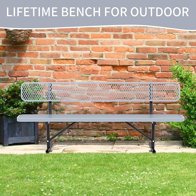 8 Feet Heavy Duty Metal Park Bench for Outside, Outdoor Bench with Backrest & Portable Frame, Commercial Benches for Shopping Malls, Stores, Parks, Patios, Decks, Grey