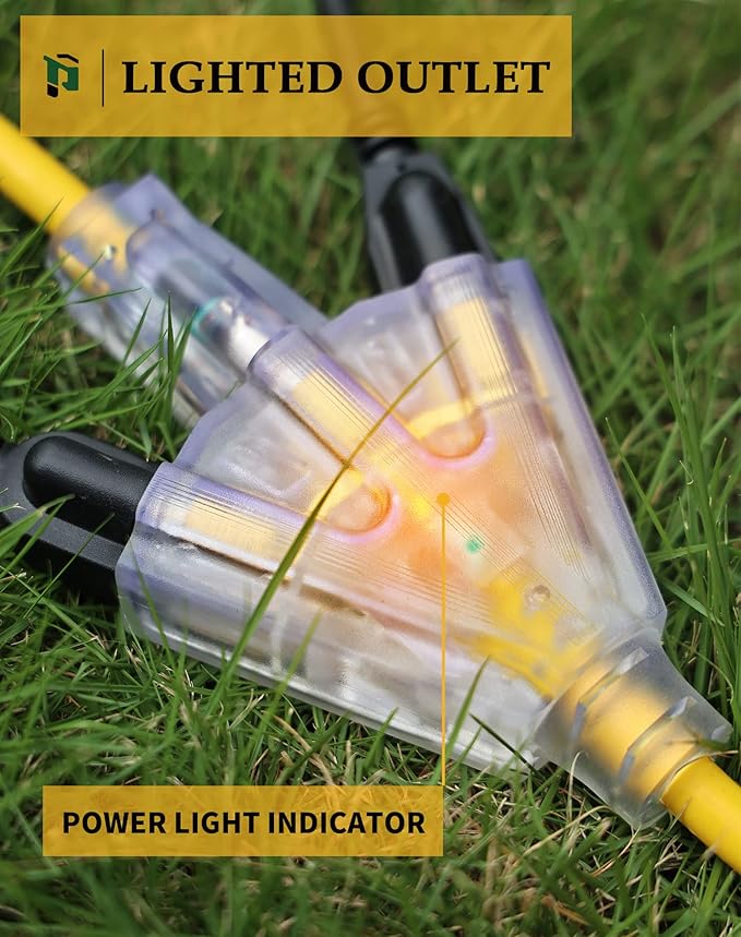 100Ft 12/3 Outdoor Extension Cord with 3-Outlets, Heavy Duty 12 Gauge 3 Prong Extension Cord Waterproof with Lighted end, 15A 12AWG 1875W SJTW, ETL Listed - Great for Garage, Garden and Home, Yellow