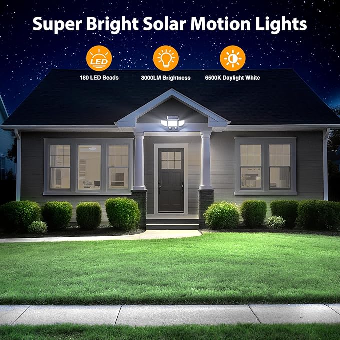 Onforu Solar Lights Outdoor, 3000LM 180 LED Motion Sensor Flood Lights with Remote Control, 3 Modes, IP65 Waterproof Security Lights for Yard, Pathway, Garden, Pool, Garage, 2 Pack