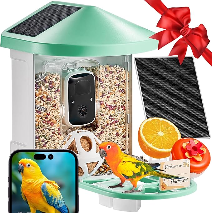 VEVOR Smart Bird Feeder Camera with 3 Solar Panels, Solar Powered Wireless Camera Bird Feeder with Live Video, AI Identify, Auto Detect & Instant Notify, and 2K Full HD, Ideal Gift for Bird Lover