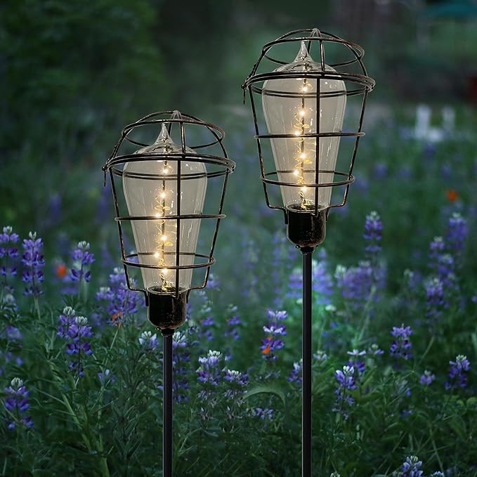 Alpine Corporation 34" Tall Outdoor Solar Powered Edison Bulb Garden LED Stake - Set of 2