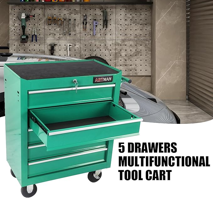 5 Large Drawers Tool Cart on Wheels,Rolling Tool Chest Tool Storage,Drawers Rolling Tool Trolley Organizer Tool Case for Garage, Warehouse, Workshop, Repair Shop (5 Large Drawers-29.3"H-Green)