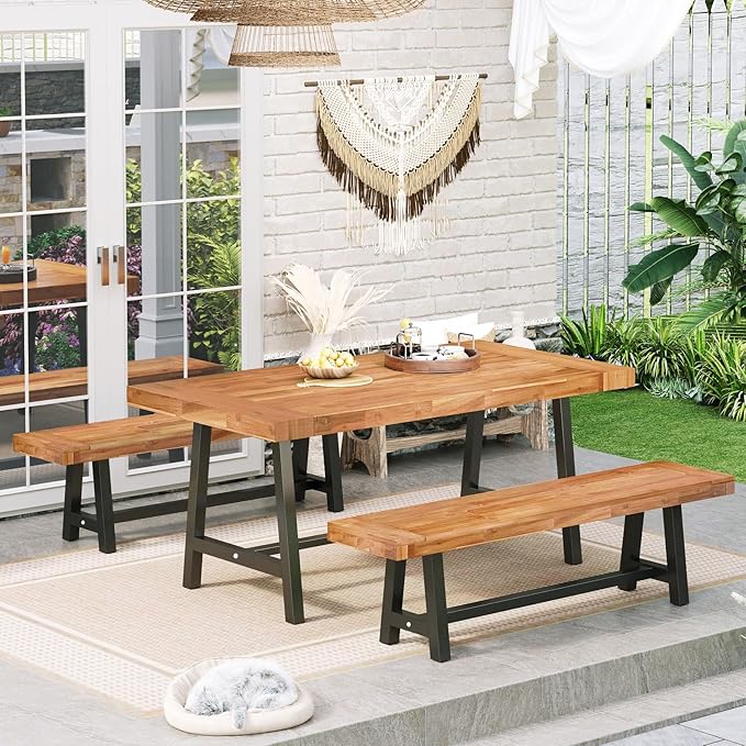 Sophia & William Acacia Wood Patio Dining Set with 1 Table and 2 Benches for 6, Oil Finished Tabletop and Spray Painted Legs, 3 Pieces Patio Dining Furniture for Porch Backyard, Teak and Black