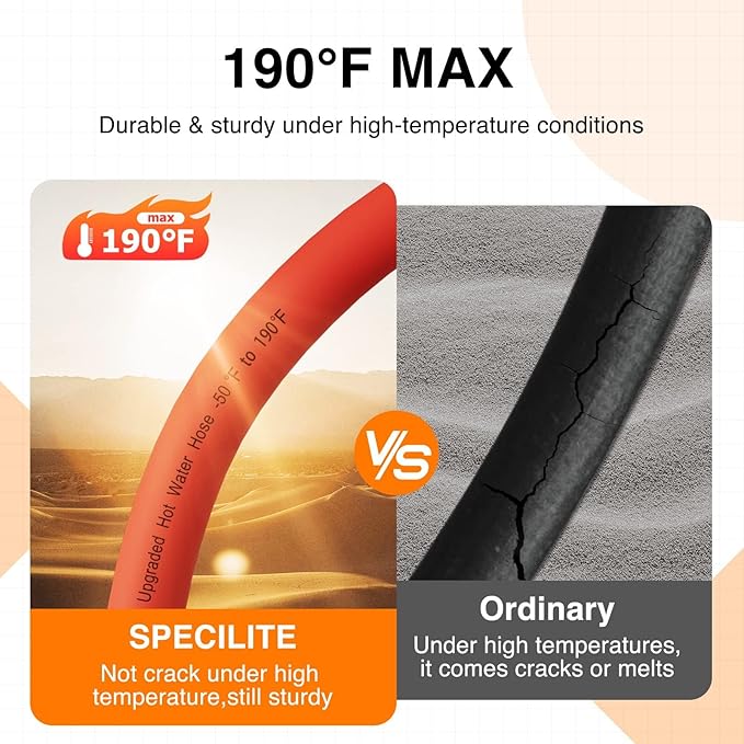 SPECILITE 5/8" Hot/Cold Garden Water Hose 200 ft, -50℉-190℉,Flexible & Lightweight With 3/4" Brass Fittings for Yard, Outdoor, Farm, Red