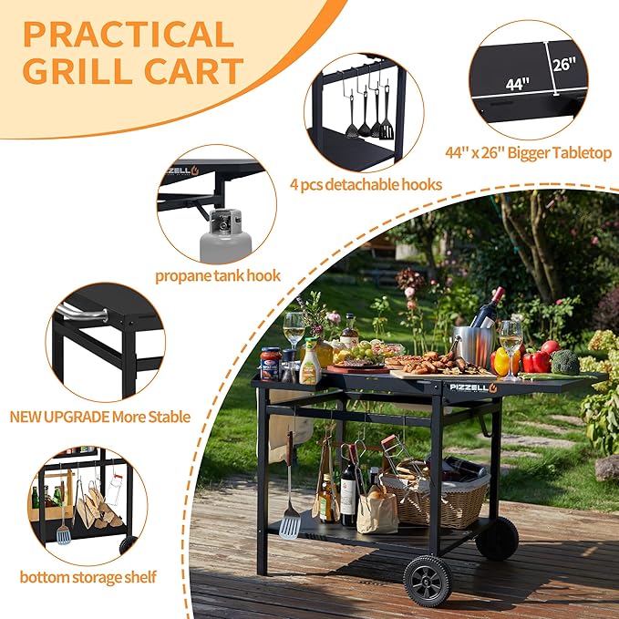 PIZZELLO Outdoor Grill Table 44" x 26" Movable Pizza Oven Stand Foldable Double-Shelf Grill Cart Fit for 12/16inch Oven Ooni Ninja Woodfire Blackstone
