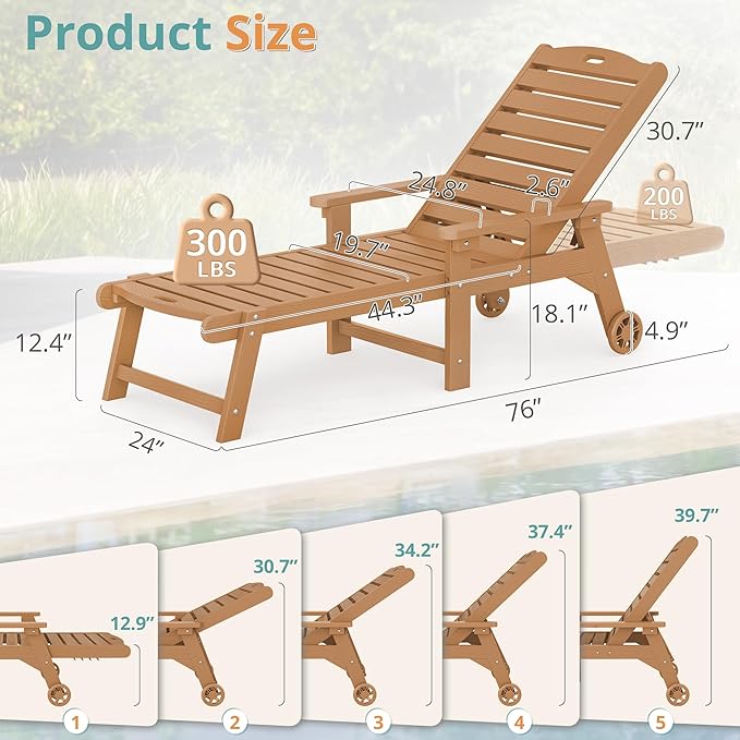 LUE BONA Outdoor Chaise Lounge Chairs Set of 2, HDPS Chaise Lounger, 5 Positions Adjustable Lounge Chairs, Pool Lounge Chair with Wheels for Poolside, Patio, Restaurant, 3 Year Warranty, Teak Color