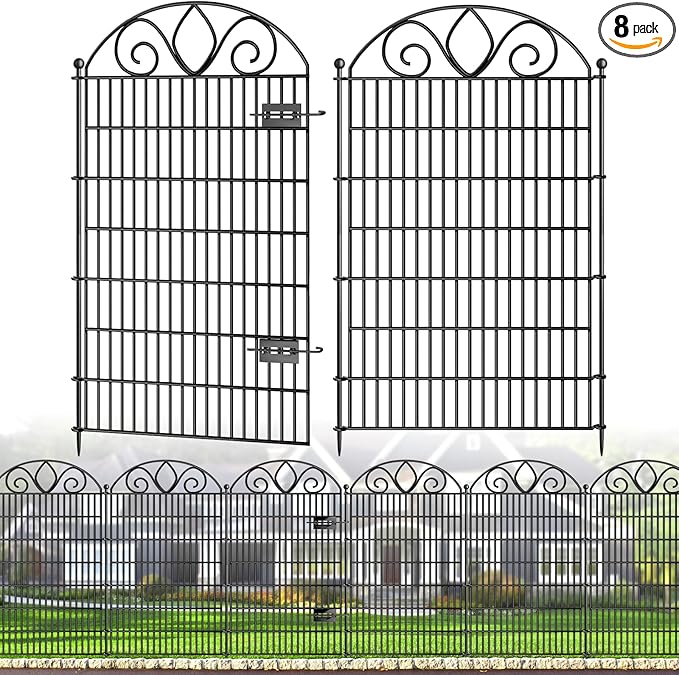 8 Panels No Dig Tall Garden Fence with Gate – 48" H X 21' L Rustproof Metal Dog Fence Outdoor for Yard, Decorative Animal Barrier Fence for Pet, Garden Border, Patio, Flower | Temporary Fencing