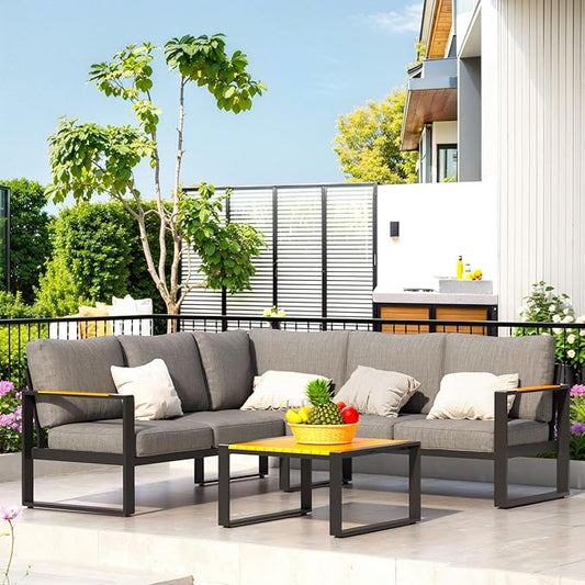 Aluminum Patio Furniture Set, All-Weather Outdoor Couch Sectional, L Shaped Patio Conversation Sets, Metal Corner Sofa with Teak Coffee Table (Cushion: Dark Gray, Black Frame)