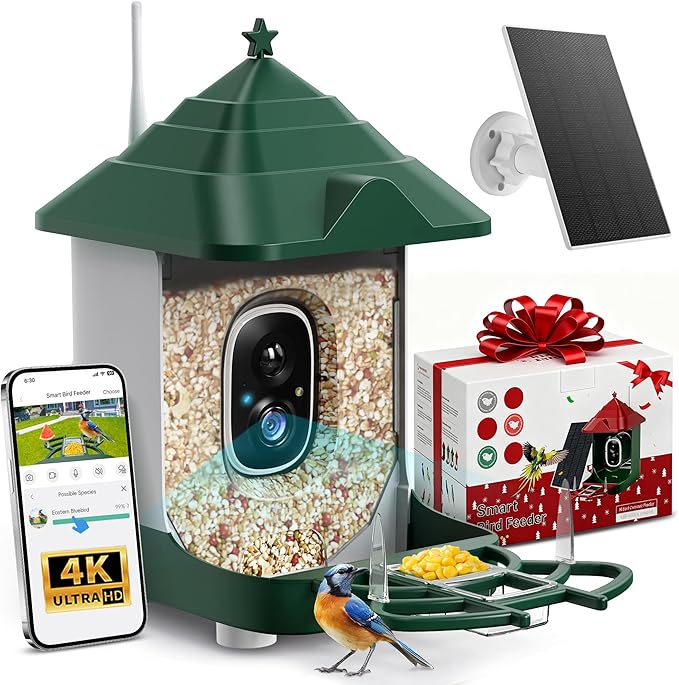 Smart Bird Feeder with Camera Solar Powered, 4K HD Live Video Bird House, AI Identifies,App Control,Instant Arrival Alert,Auto Capture,Motion Detection,IP65 Waterproof