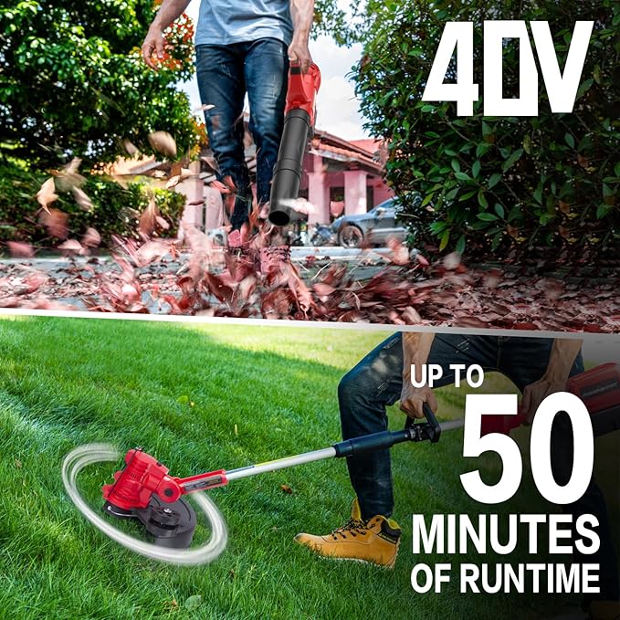PowerSmart 40V Max Battery Powered Weed Eater and Cordless Leaf Blower Combo Kit with 4.0Ah Battery and Charger, String Trimmer and Weed Wacker 2-in-1 with Automated Feed Spool