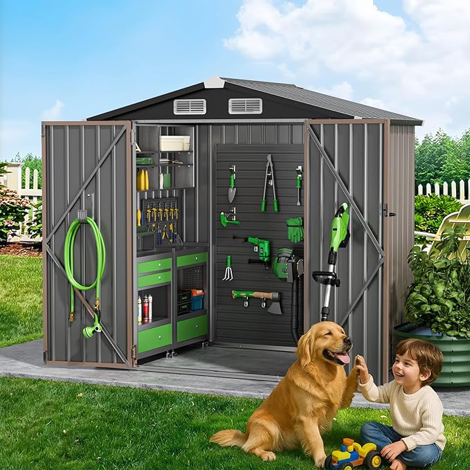 GVDV 6x4 FT Outdoor Metal Storage Shed, Durable Garden Shed with Updated Frame Structure for Backyard, Patio, Tool Storage, All-Weather Shelter for Bike, Gardening Tools, Equipment, Pet
