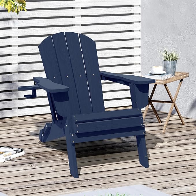 LOUNZY Folding Adirondack Chair, HDPE All-Weather Folding Patio Chair Chair with Cup Holders, Outdoor Patio Adirondack Chair for Deck Lawn Fire Pit, Navy
