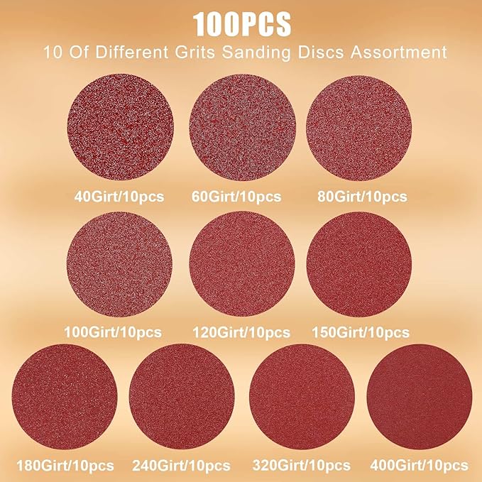 HYCHIKA 100-piece Sanding Discs Set,5 Inch 8 Holes Hook and Loop Sandpaper for Orbital Sander, Include 40/60/ 80/100/120/150/180/240 /320/400 Grit Sandpaper Assortment