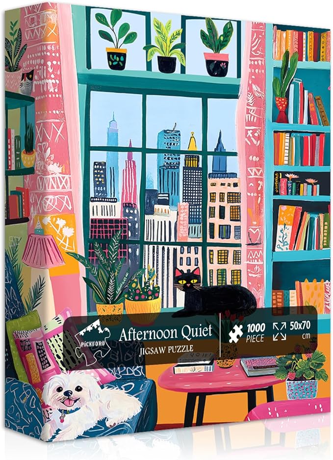 PICKFORU Cozy Puzzles 1000 Pieces, Cat Dog Jigsaw Puzzle Features Book Plant Bookshelf Animals, Puppy Kitten Challenge for Adults,Colorful Modern Art