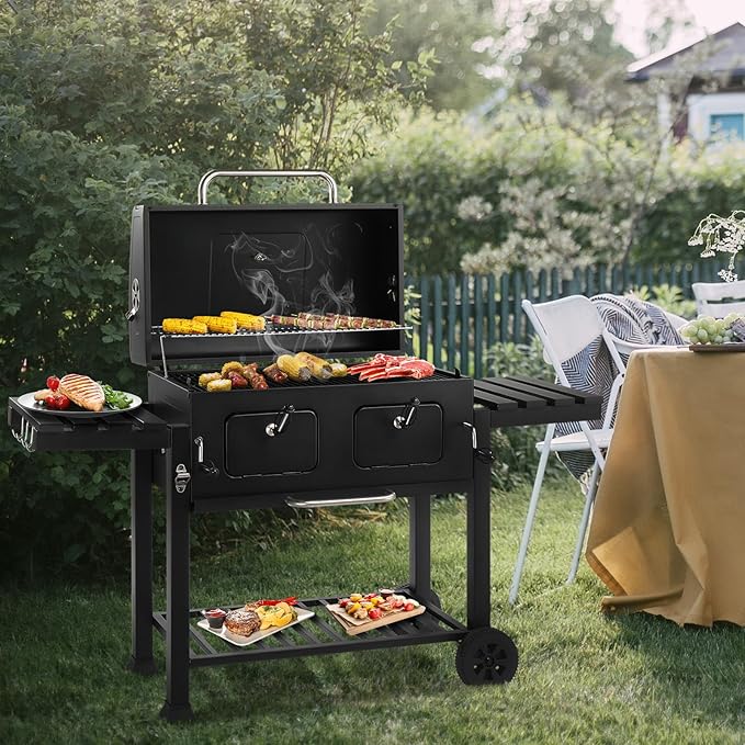 Vasitelan Large Charcoal BBQ Grill with Oversize Cooking Area, Outdoor Cooking Grill with 2 Individual Lifting Charcoal Trays and 2 Foldable Side Tables