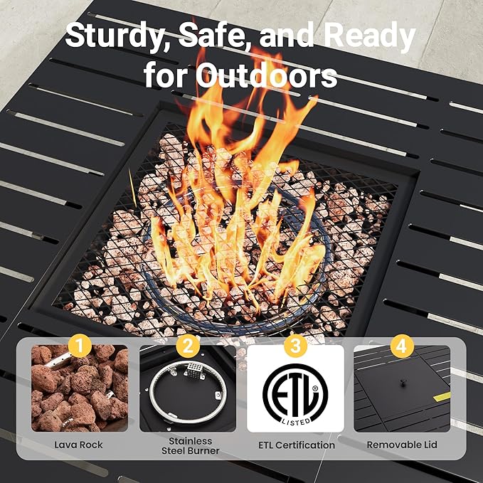 Black Propane Fire Pit Table, 50000 BTU Gas Fire Pits Table with Removable Lid and Lava Rock, Square Fire Table with Cover, 30'', Ideal for Dining or Party on Patio, Garden, Yard