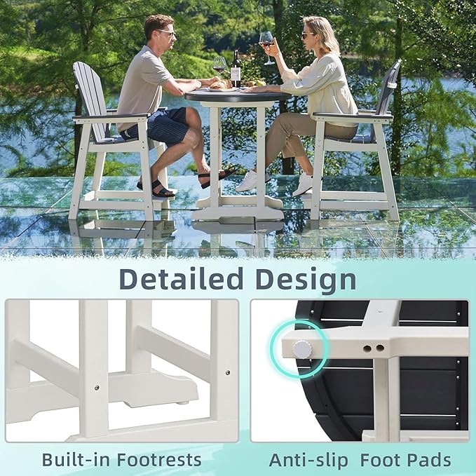 OTSUN 24inch Tall Adirondack Chairs Set of 3, Patio Bar Stool Chairs with one Table, 400lbs, Widened Arms, All-Weather Balcony Chair for Backyard, Garden (White&Grey, 3 Sets)