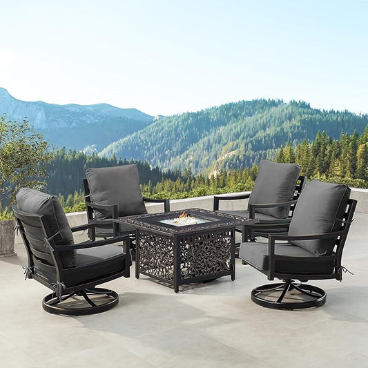 Oakland Living Black Aluminum Patio Fire Table Set with Four Club Chairs with Black Cushions