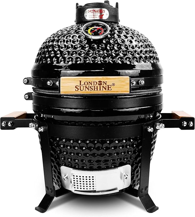 Ceramic BBQ Charcoal Kamado Grill 13 inch Portable Tabletop BBQ Grill with Stainless Steel Grates Black, Black